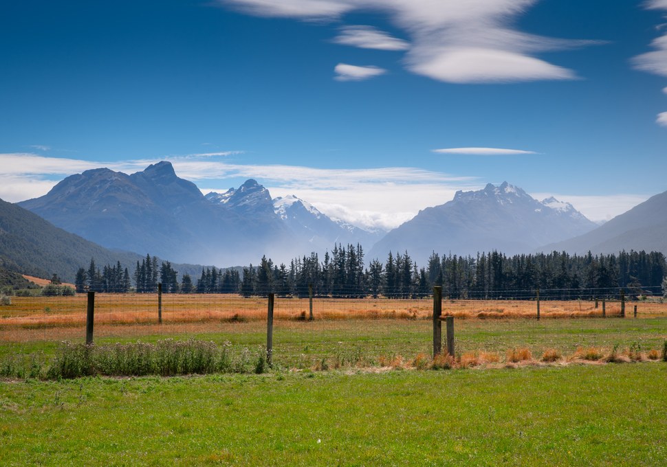 The airstrip on Mt Earnslaw Station with snow-capped mountains behind
