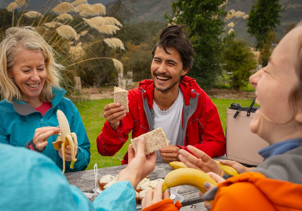 Guests laughing over a picnic lunch on a tour near Lake Sylvan